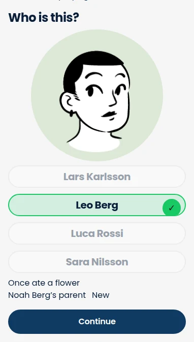 Friendly reveal: Leo Berg’s name is highlighted, with a fun fact and family connection below.